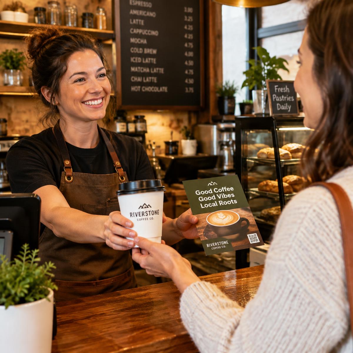 Smiling café owner handing a branded cup and flyer to a customer