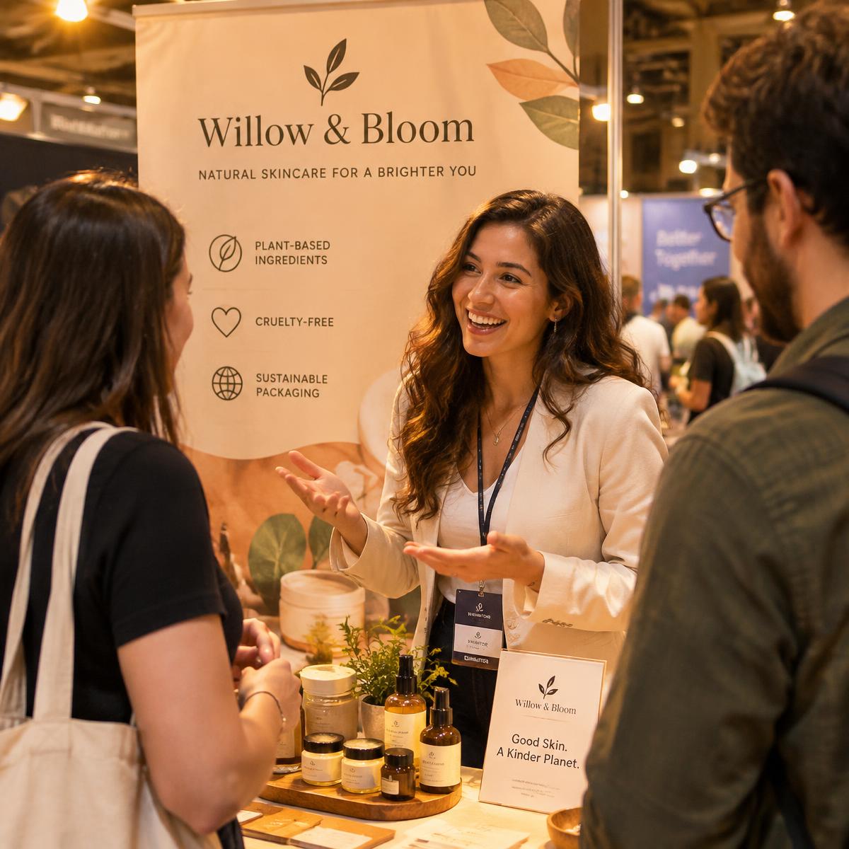 Business owner talking to visitors at her trade show booth