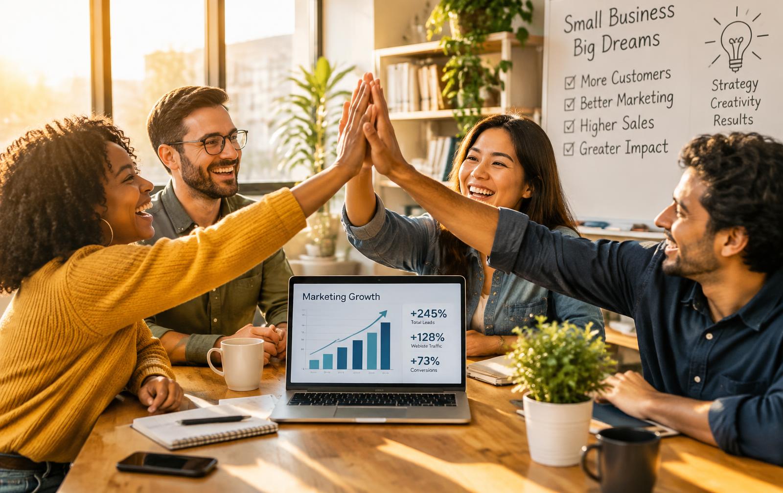 Happy business team celebrating marketing growth around a laptop