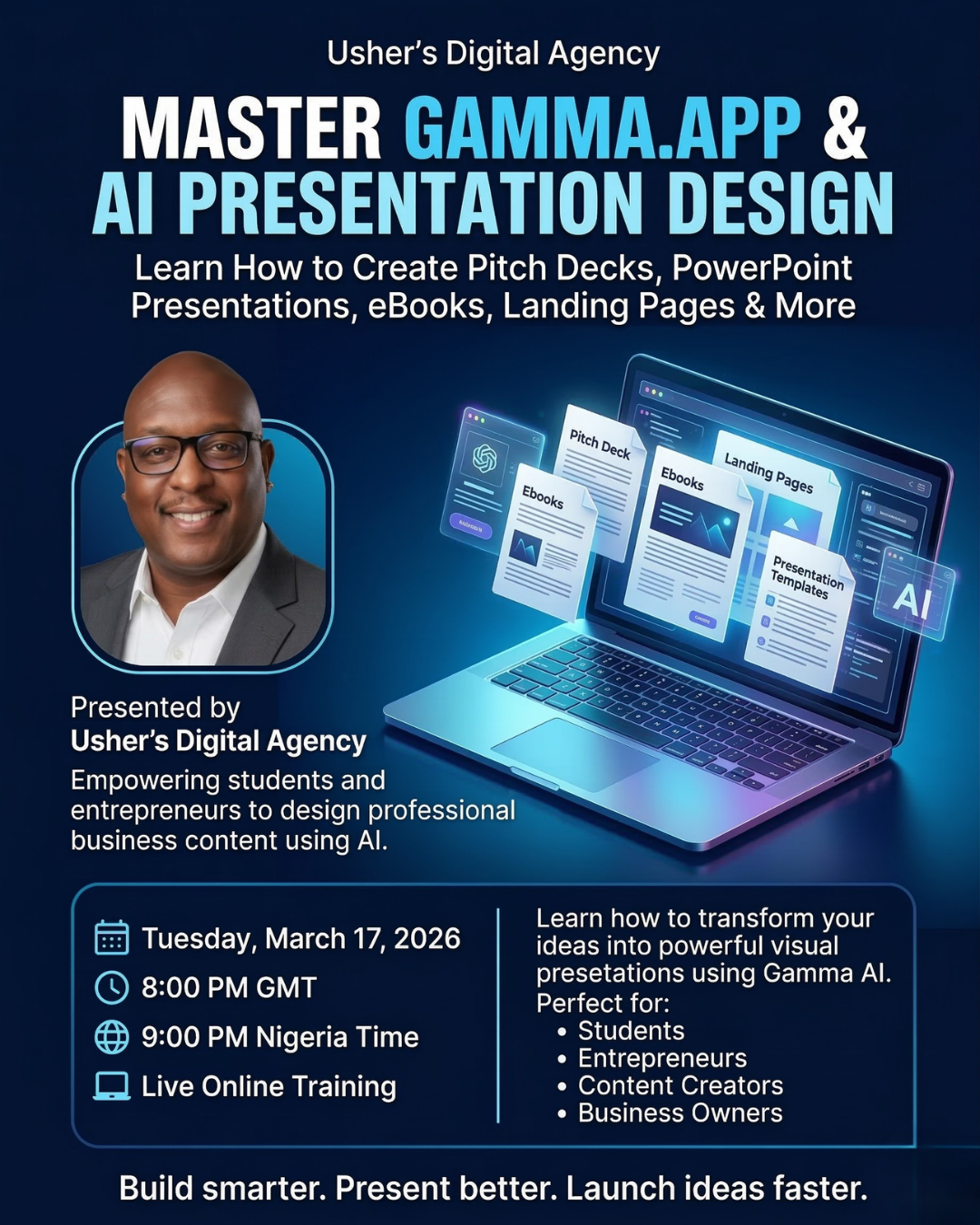 AI class promotional flyer — Master Gamma.app & AI Presentation Design